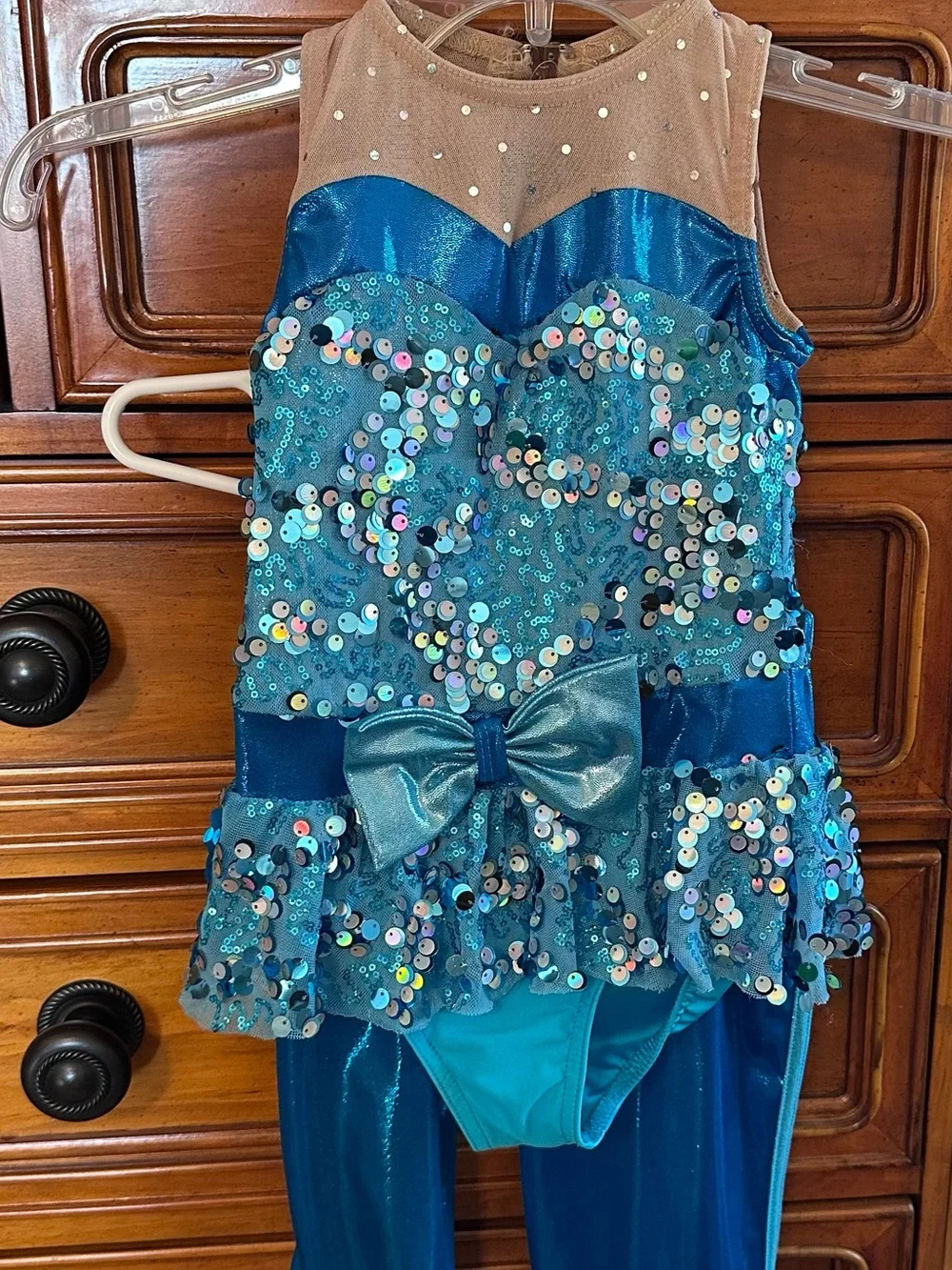 Teal Blue Sequin Dance Costume with Bow Accent